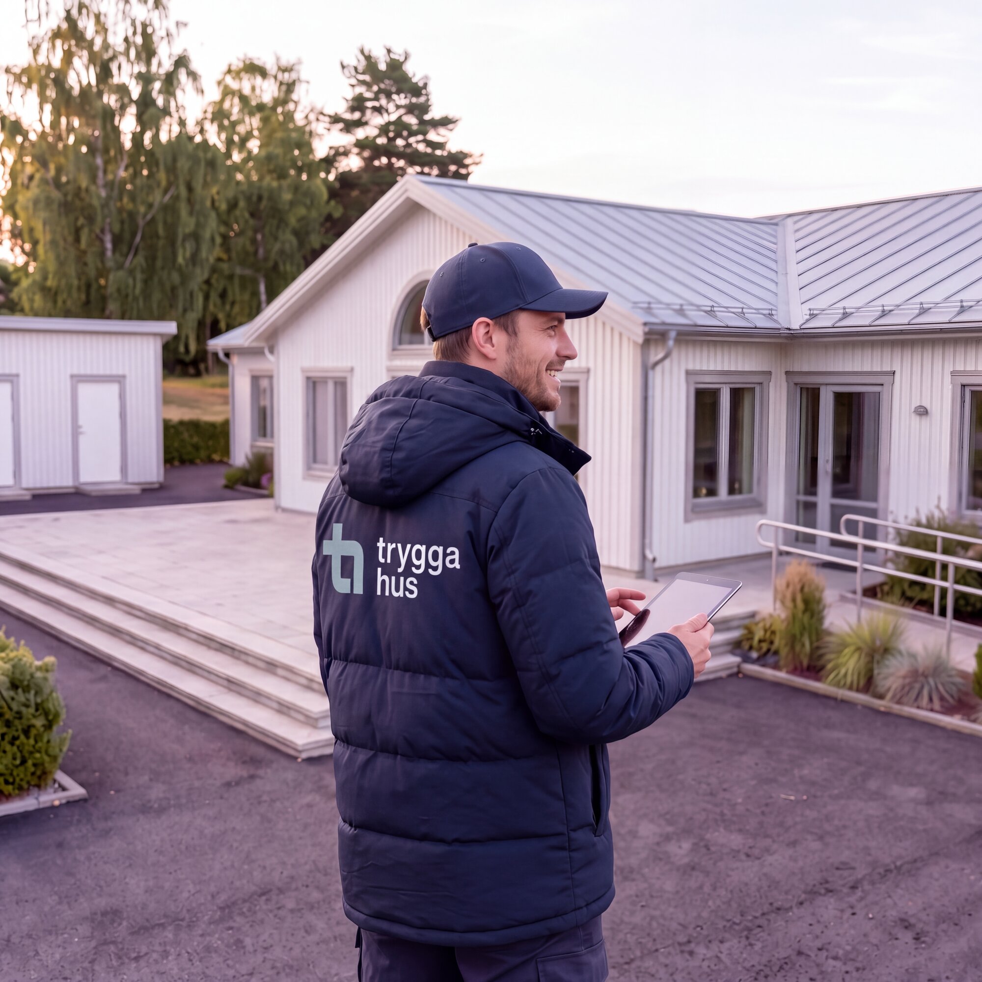 Tekniker från Trygga Hus med surfplatta framför ett färdigt koncepthus