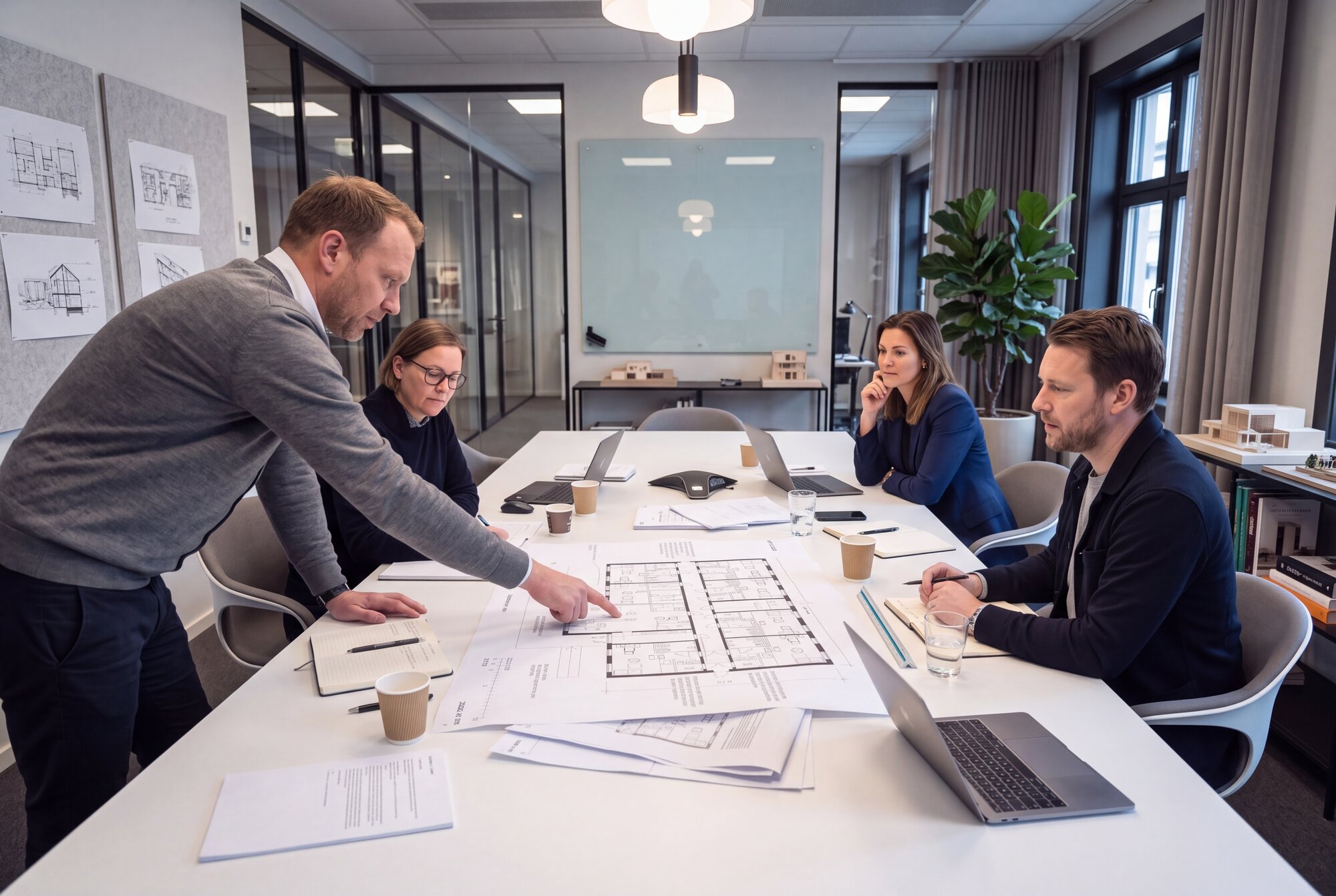 Projektgrupp går igenom ritningar runt ett mötesbord